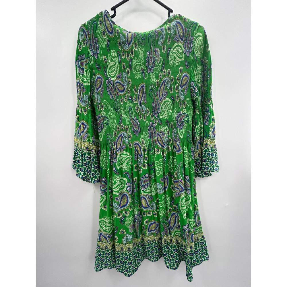 Emma & Michele Green Paisley Boho Bell Sleeve Mini Dress Medierranean Summer - Picture 5 of 10